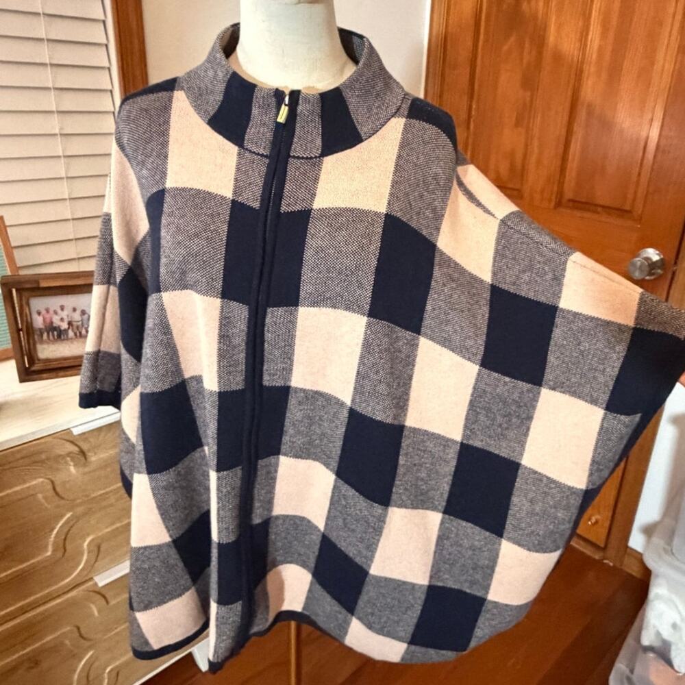 Jones New York Signature Plaid Wool Blend Blue & Tan Poncho Size 0X\1X